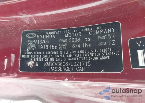 2007 Hyundai Accent Gs z USA, uszkodzony, nr VIN KMHCM36C87U021715